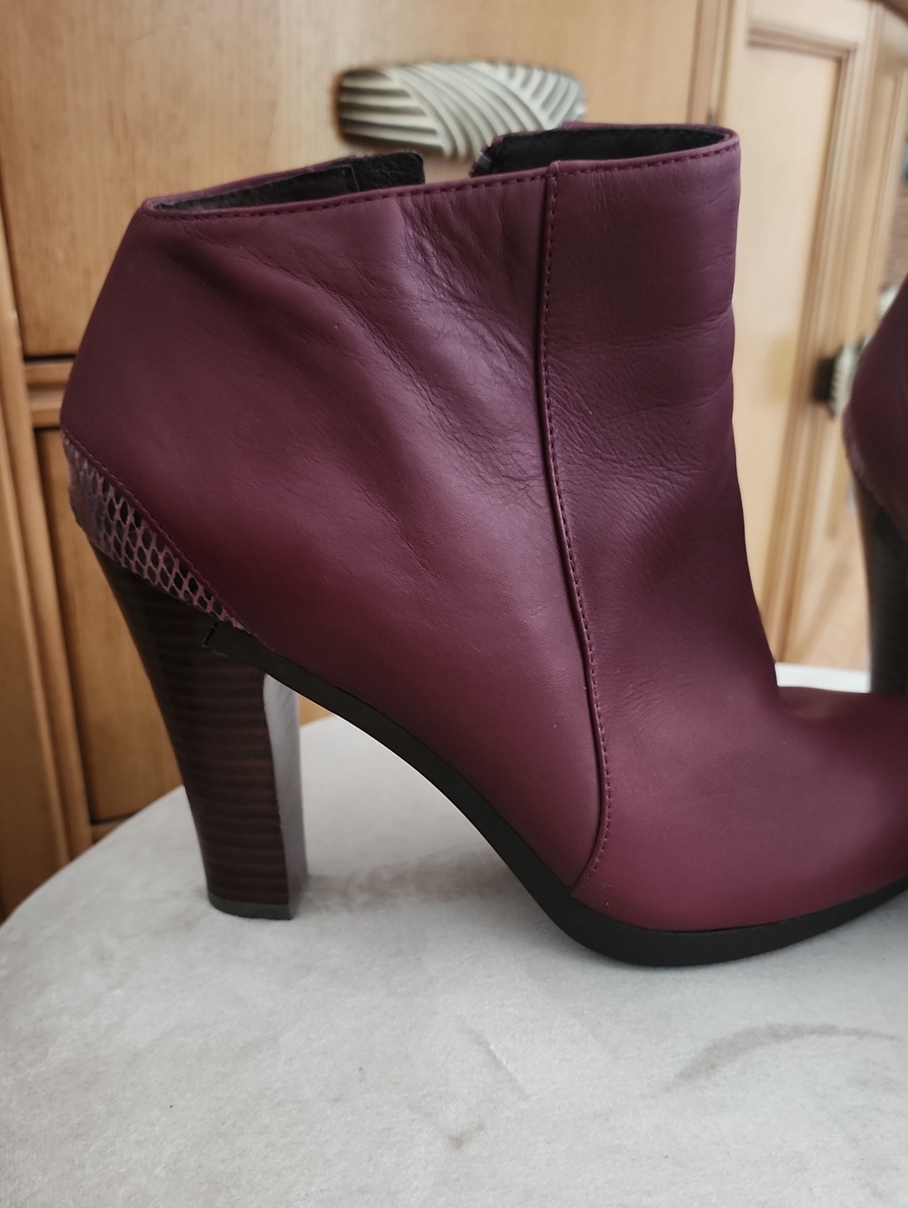 Tsubo Plum Leather Ankle Booties with Stacked Heel